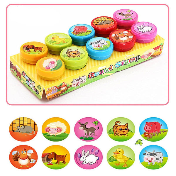 10pcs/Set Children Toy Stamps Cartoon Animals Fruits Traffic Smile Kids Seal For Scrapbooking Stamper DIY cartoon stamper Toys