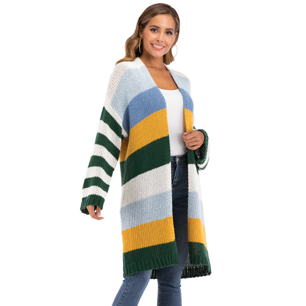 WOMEN'S Winter Coat Warm Cross Border Casual Long Joint Contrast Color Striped Oversize Knitted Sweater Cardigan Patched Outwear